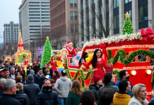 Crowd enjoying the Lexington Holiday Parade with festive floats