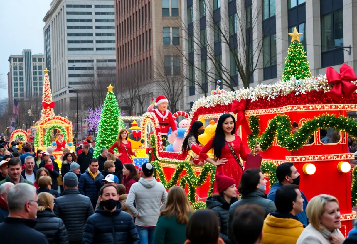 Crowd enjoying the Lexington Holiday Parade with festive floats