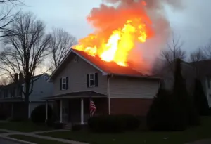Flames and smoke engulfing a house on Grassland Park in Lexington.