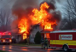 Firefighters extinguishing flames from a house fire in Lexington