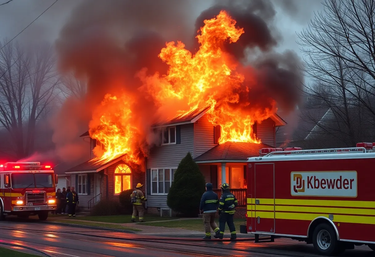 Firefighters extinguishing flames from a house fire in Lexington