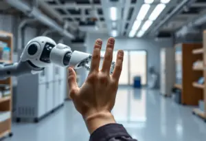 An illustration of a human hand and robotic arm engaged in shared control of a task.