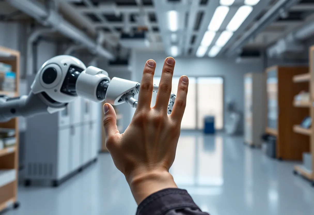 An illustration of a human hand and robotic arm engaged in shared control of a task.