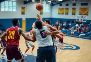 A dramatic moment of basketball players colliding during a scrimmage, illustrating the intensity of the game.