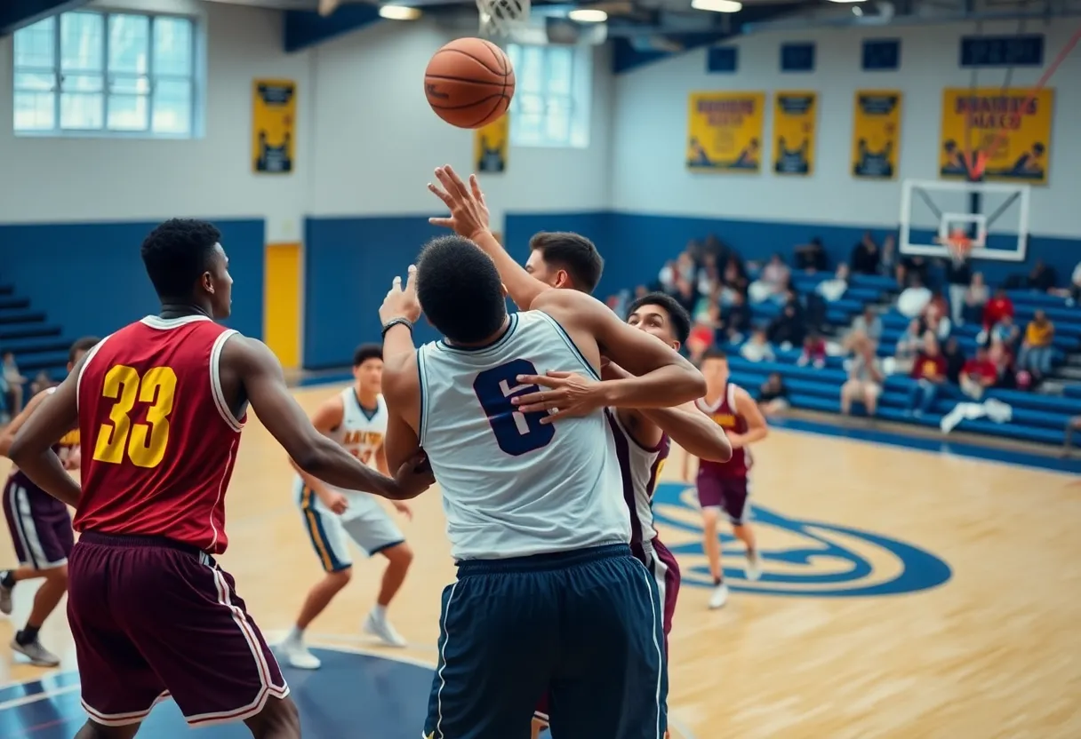 A dramatic moment of basketball players colliding during a scrimmage, illustrating the intensity of the game.