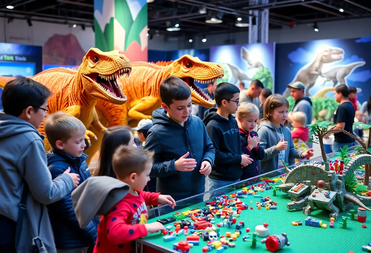 Families enjoying dinosaurs and LEGO activities at the event
