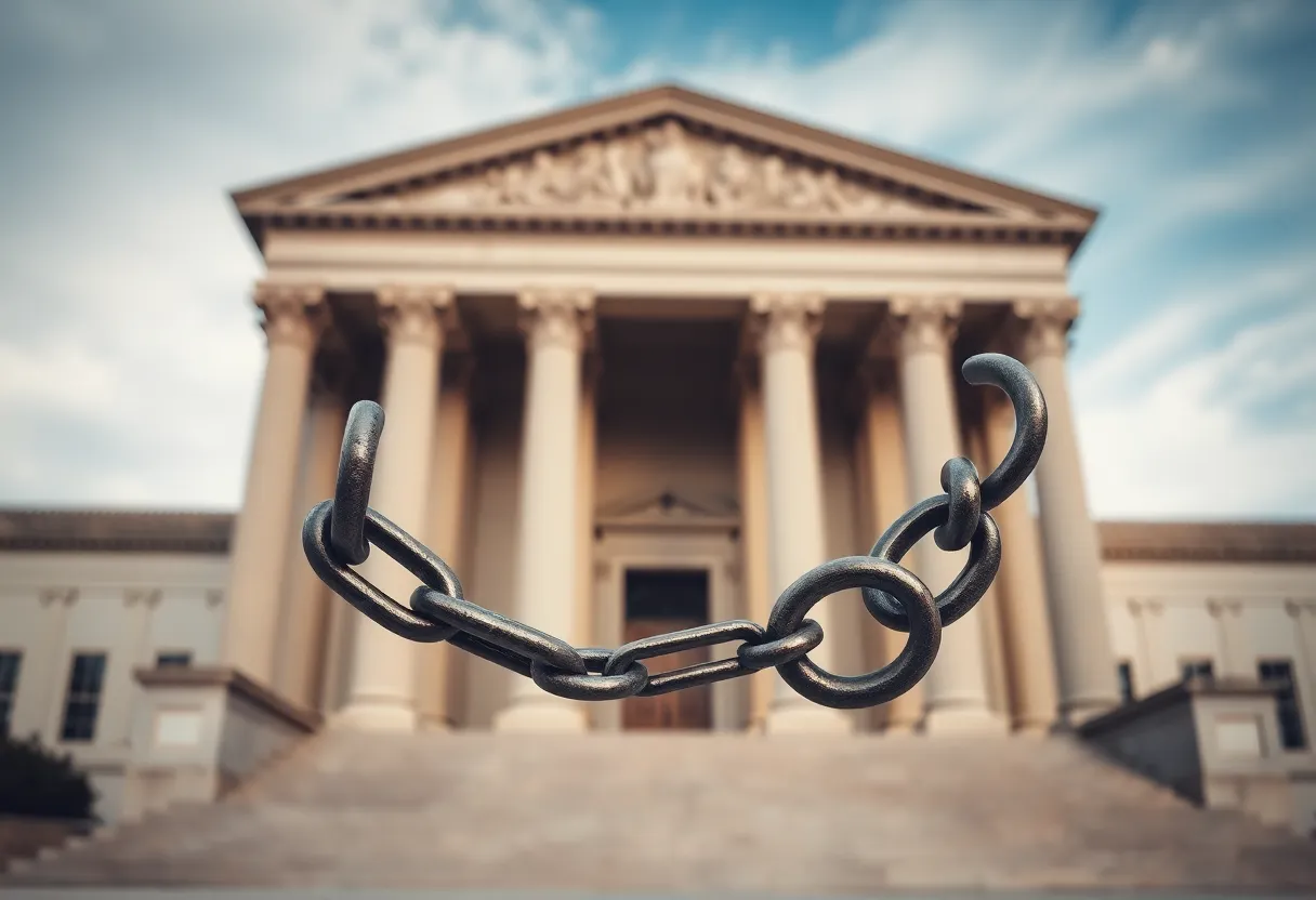 Symbolic image representing justice and freedom with broken chains and a courthouse in the background.