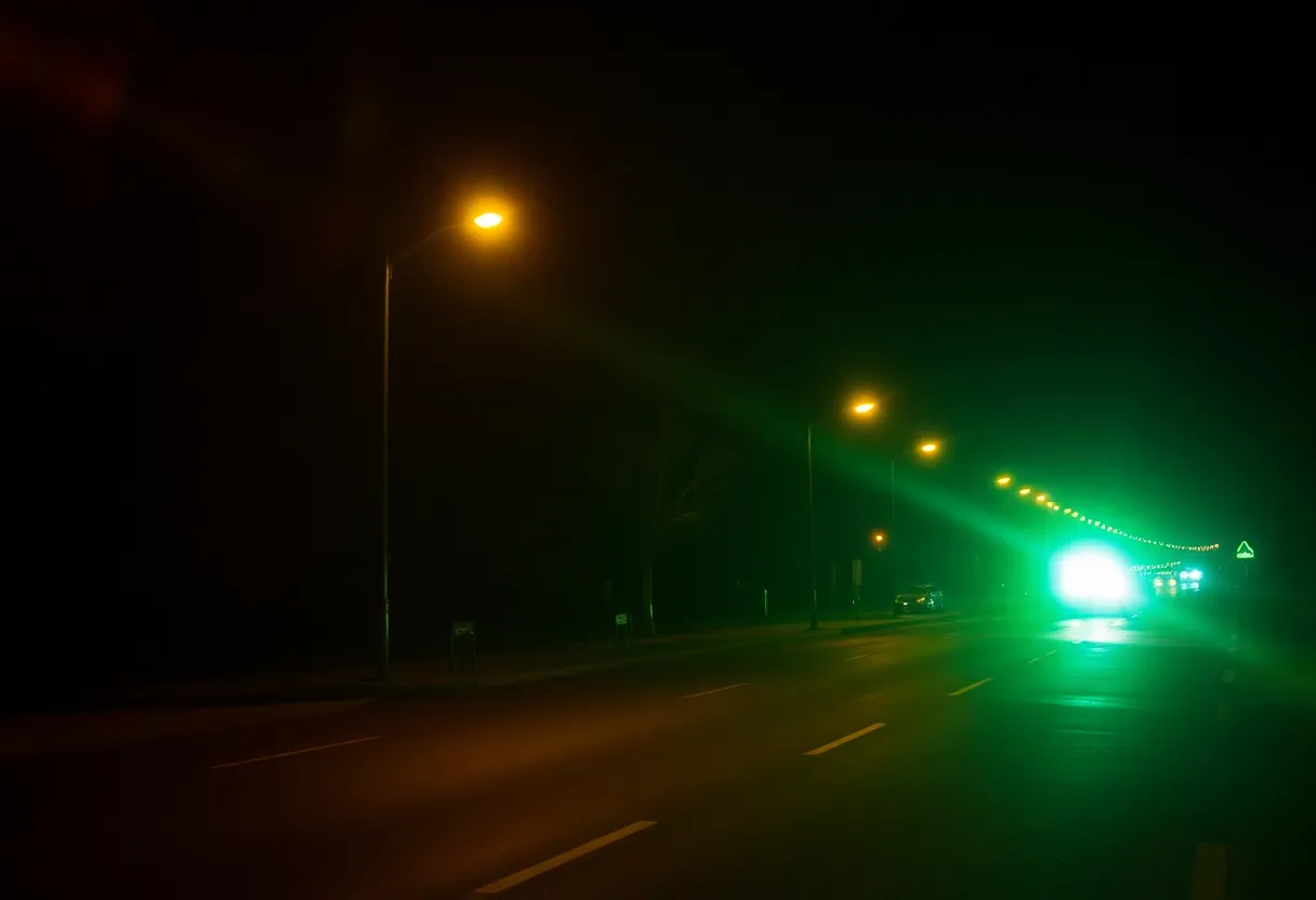 Police lights on a city street at night after a shooting incident.