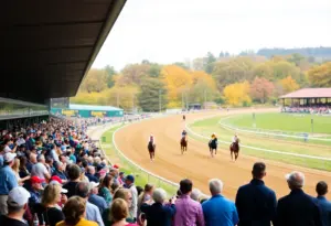 Spectators enjoying races at Keeneland Fall Meet with horses in action.