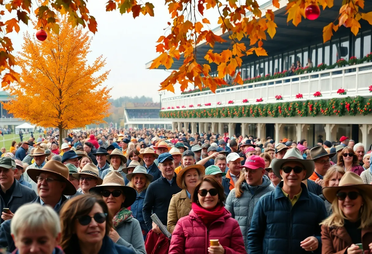 Crowd enjoying the Keeneland fall meet with colorful autumn leaves