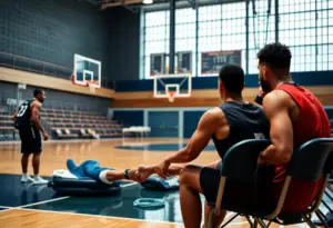 Basketball court with medical equipment representing athlete injury recovery.