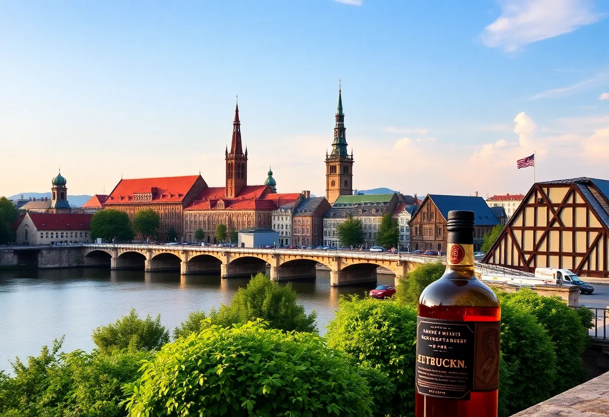 Kentucky bourbon barrels with European landmarks in the background