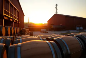A picturesque bourbon distillery in Kentucky during sunset.