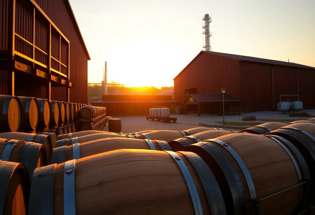 A distillery in Kentucky showcasing bourbon barrels and lush landscape.