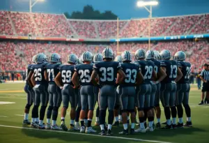 Kentucky football team huddling on the sidelines for motivation.