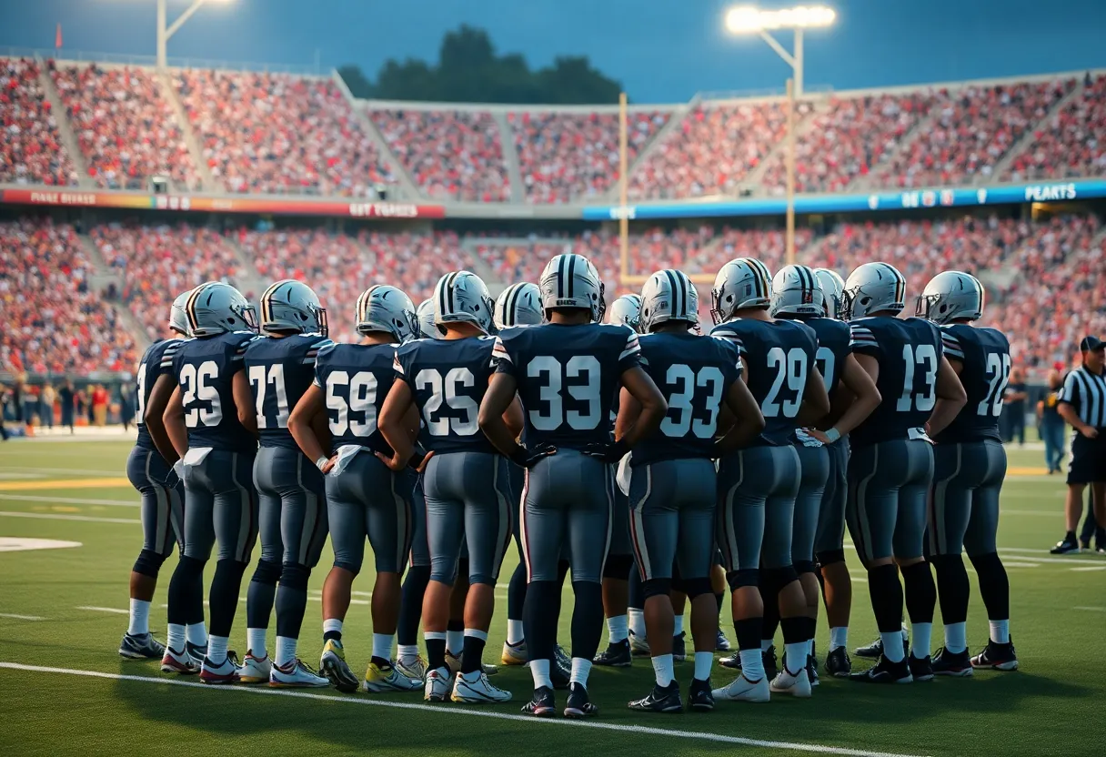 Kentucky football team huddling on the sidelines for motivation.