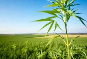 A beautiful hemp farm in Kentucky under a clear sky.