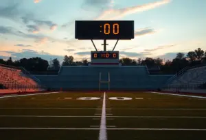 Empty high school football field representing suspension of activities