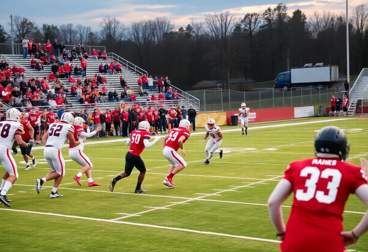 High school football players in action during a game in Kentucky