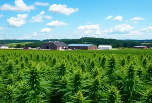 Kentucky landscape with hemp plants and medical cannabis dispensary.