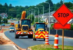 Construction workers and machinery at a Kentucky road project site
