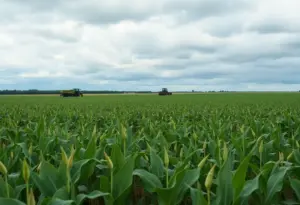 Soybean fields in Kentucky at harvest time with cloudy skies