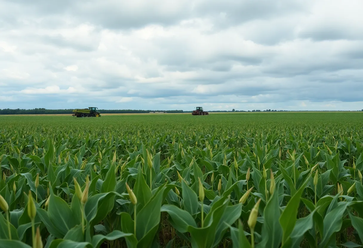 Soybean fields in Kentucky at harvest time with cloudy skies