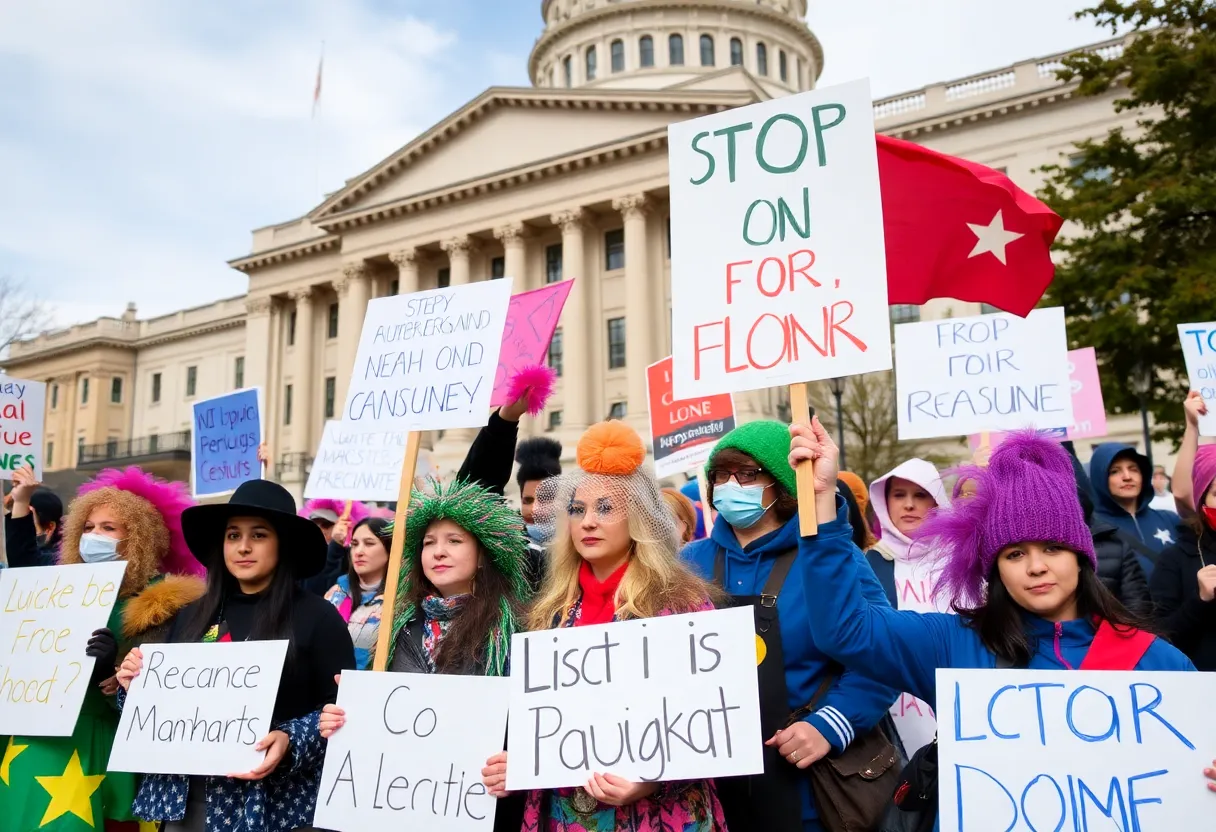 Protesters at the Kentucky State Capitol holding signs against Trump administration policies.