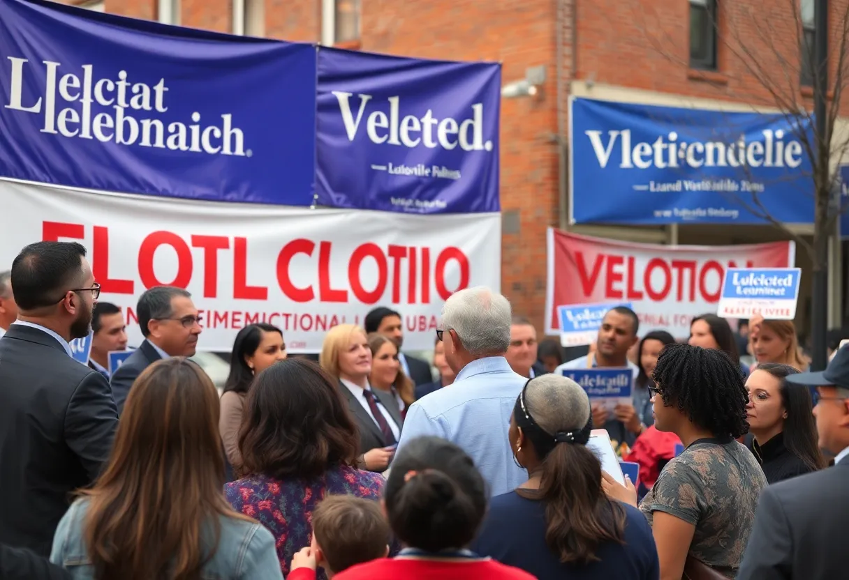 Campaign scene for the Kentucky State Senate Election with candidates and voters in Louisville.