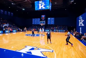 Players of Kentucky Wildcats basketball team on court during a game