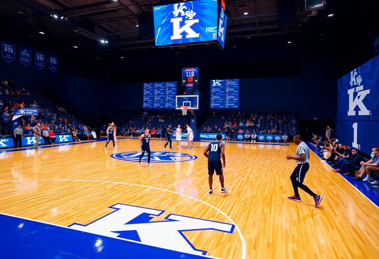 Players of Kentucky Wildcats basketball team on court during a game