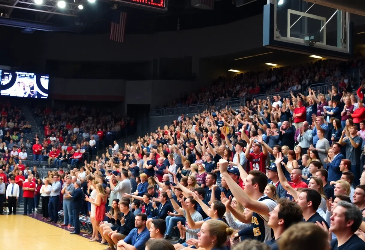 Kentucky Wildcats basketball fans cheering in an arena