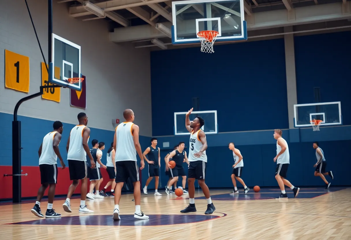 Players practicing on a basketball court representing team spirit