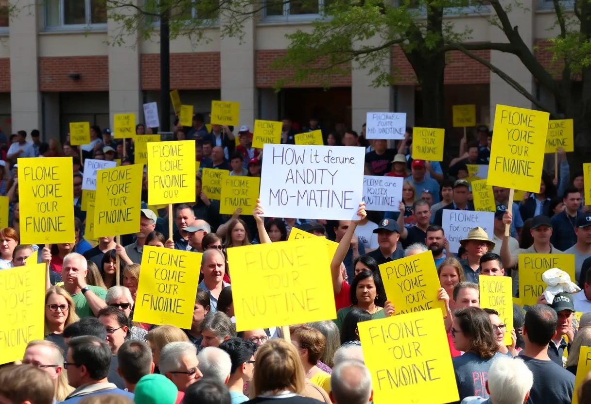 Crowd of protesters wearing yellow at Kentucky rally