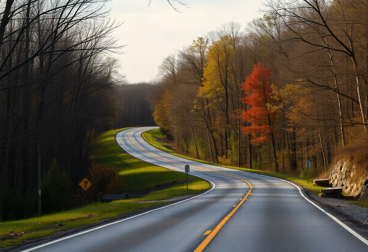 A peaceful road in Kentucky with trees lining the sides, symbolizing community and road safety.