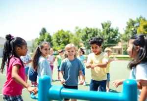Diverse children participating in physical education class with new equipment