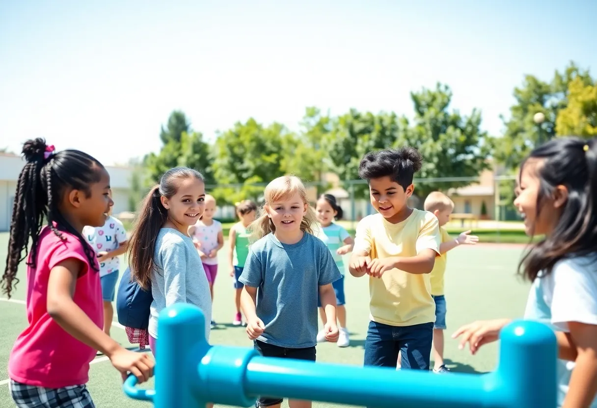 Diverse children participating in physical education class with new equipment