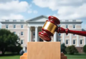 Abstract representation of a gavel and university campus