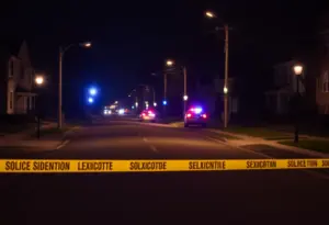 Police lights on a residential street in Lexington after an armed robbery.