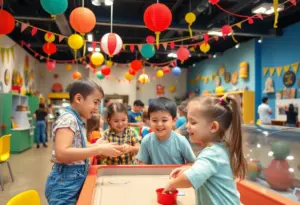 Children enjoying retro-themed activities at the Lexington Children's Museum anniversary event