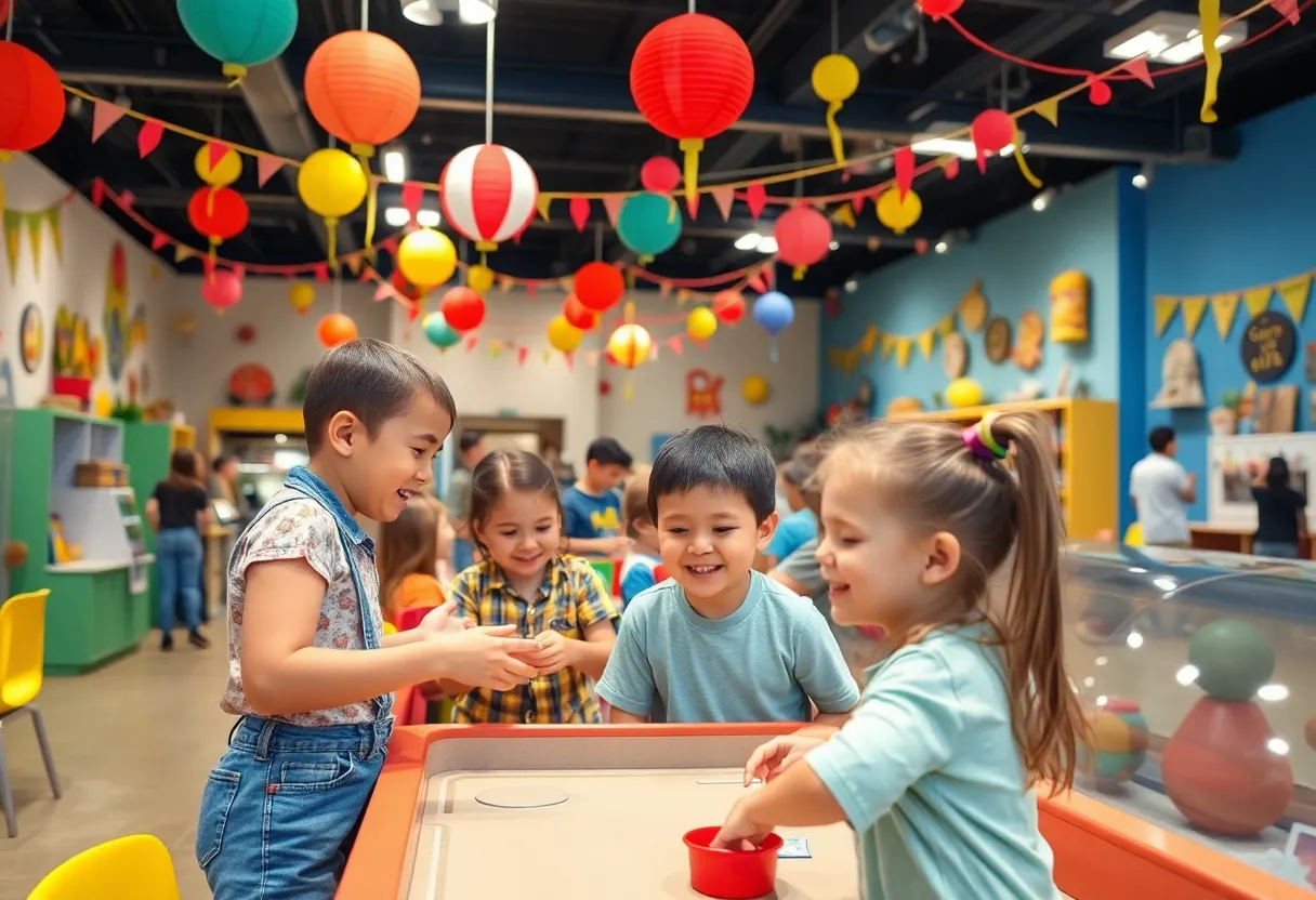 Children enjoying retro-themed activities at the Lexington Children's Museum anniversary event