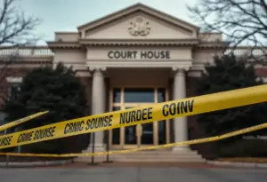 Exterior view of Letcher County Courthouse with caution tape marking a crime scene