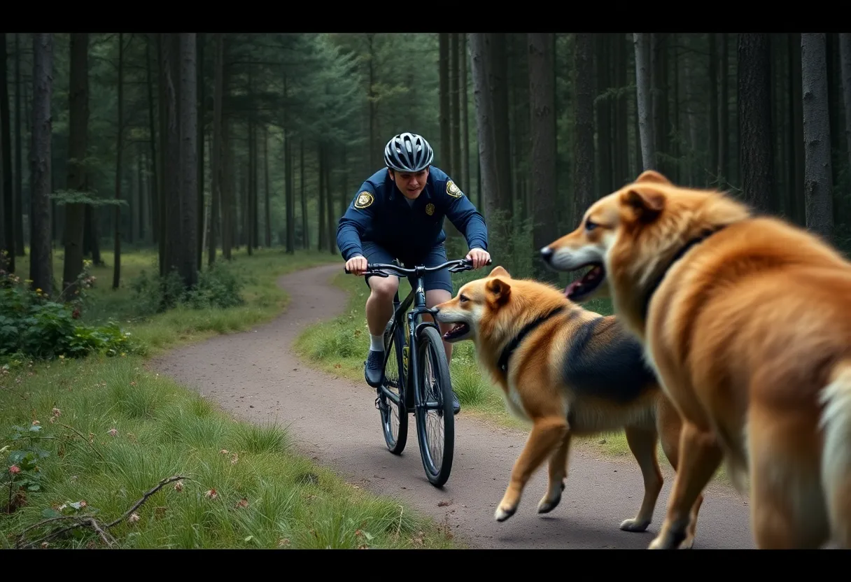 Police detective rescuing cyclist from dog attack in Harbison State Forest
