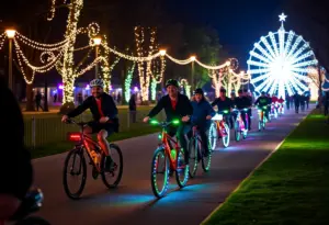 Cyclists participating in the Glow Ride with illuminated bikes at Coolavin Park in Lexington.