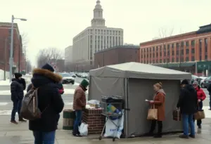 Winter scene in Lexington with temporary homeless shelter