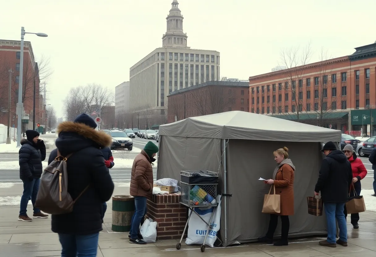 Winter scene in Lexington with temporary homeless shelter