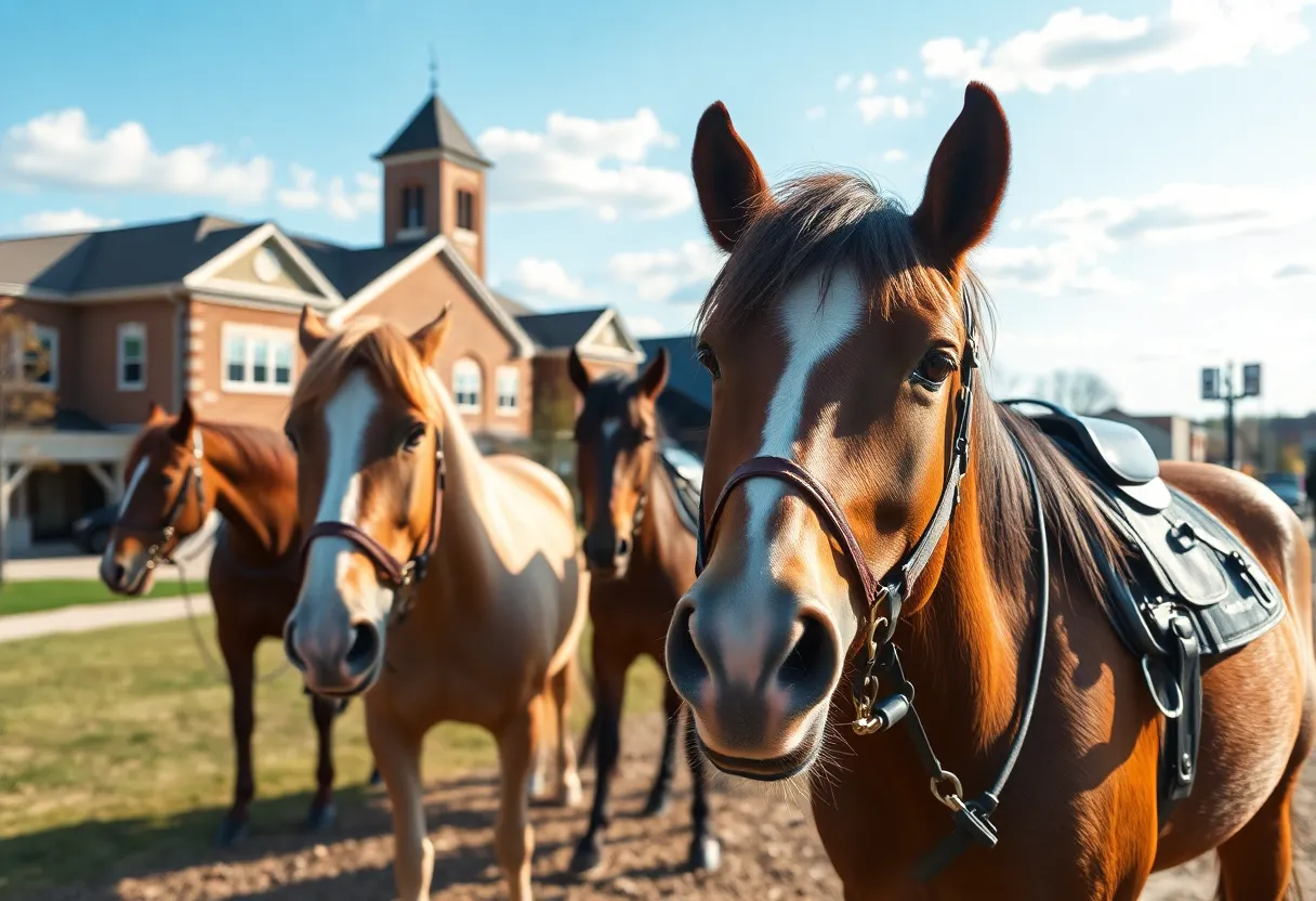 Scenic view of Lexington featuring horses and modern travel technology