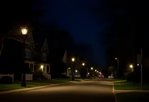 Nighttime view of a Lexington residential neighborhood with streetlights.