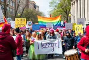 Protesters demonstrating in Lexington with colorful banners
