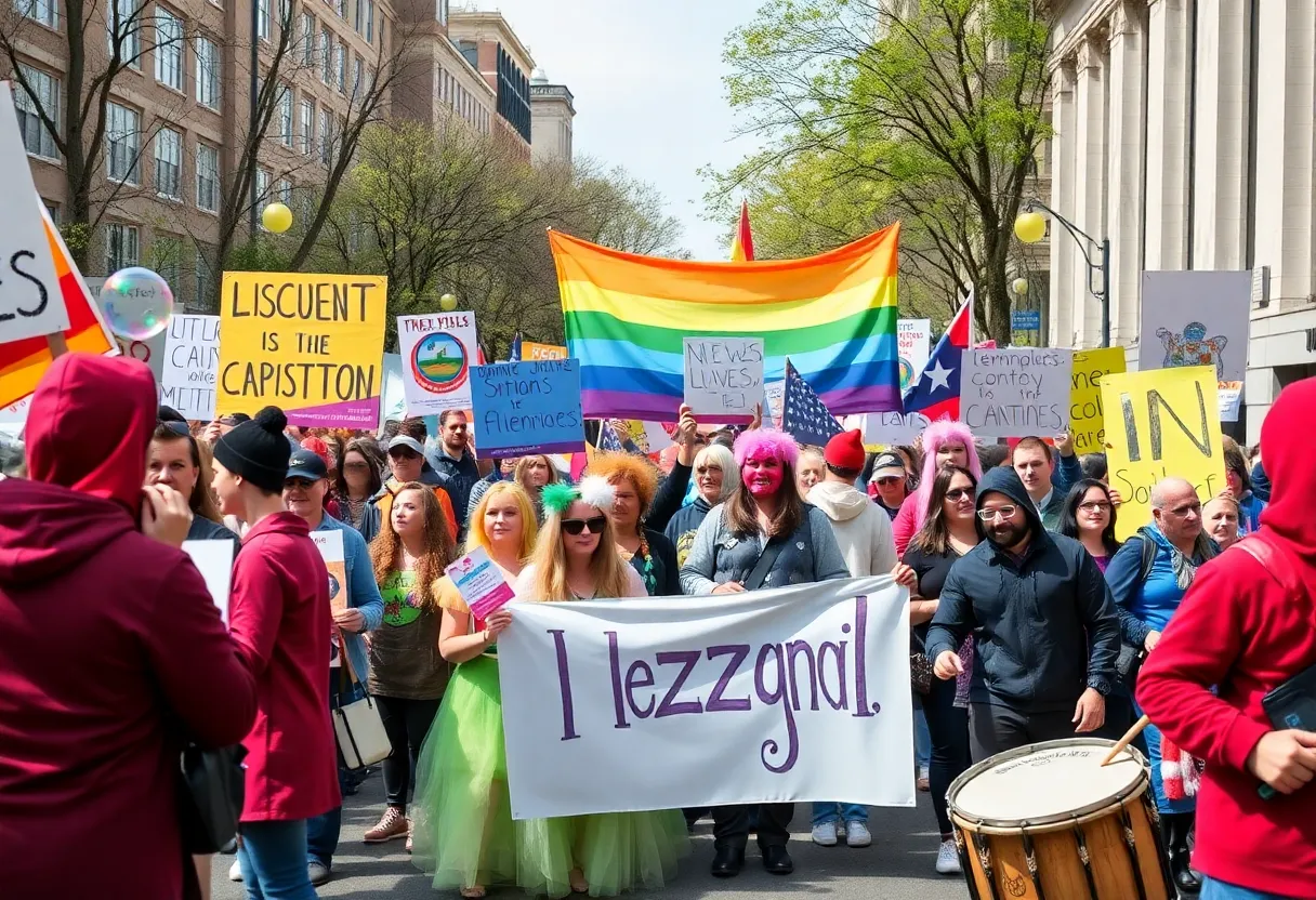Protesters demonstrating in Lexington with colorful banners